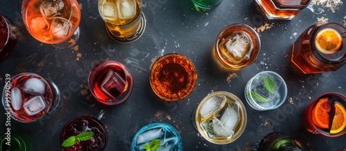 A variety of liqueurs in glasses on a dark textured table viewed from above Room for text. with copy space image. Place for adding text or design