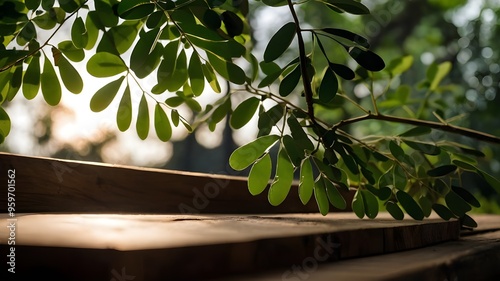 Round Wooden Cut Shape for Product Display, Kelor (Drumstick Tree, Moringa oleifera) Green Leaves, Backlight Shot