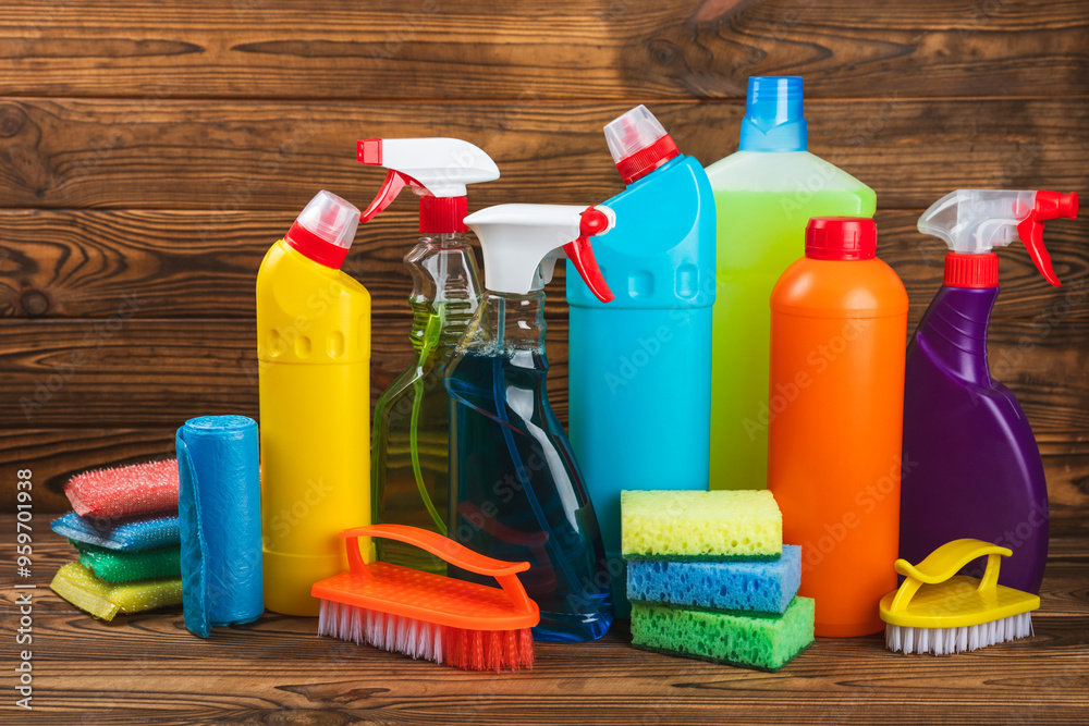 Cleaning service concept.Home cleaning product on a pink background. Bucket with household chemicals. cleaning supplies for home or office space.Early spring regular cleaning. Copy space Cleaning service concept.Home cleaning product on a pink background. Bucket with household chemicals. cleaning supplies for home or office space.Early spring regular cleaning. Copy space