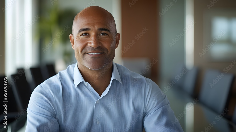 Obraz premium A confident businessman smiles warmly in a modern office setting, exuding professionalism and approachability. 