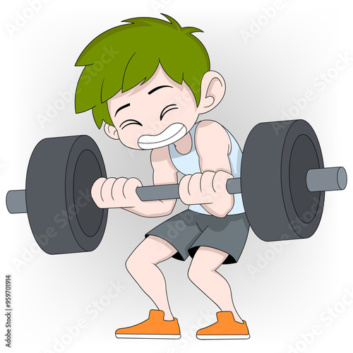 boy is practicing strengthening skeletal muscles, lifting weights using barbell
