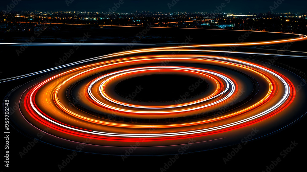 Fototapeta premium Abstract Light Trails of Cars on a Circular Road at Night