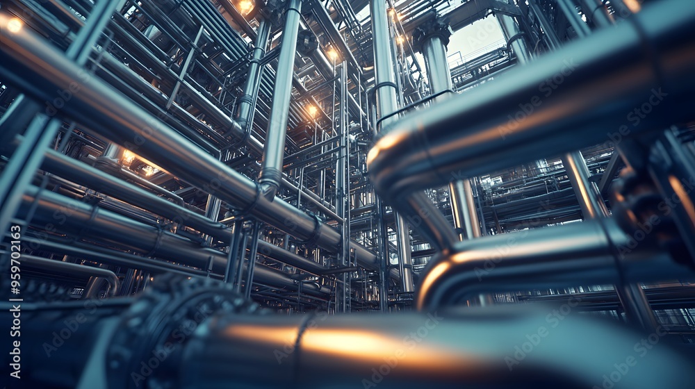 A close-up view of complex industrial metal piping against a backdrop of ambient lighting, showcasing modern engineering and design. A close-up view of complex industrial metal piping against a backdrop of ambient lighting, showcasing modern engineering and design.