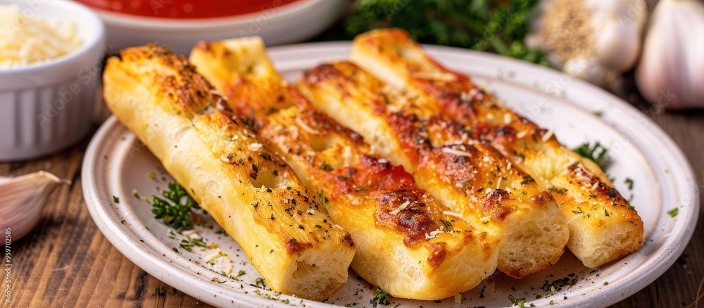 Breadstick bites topped with garlic butter and parmesan cheese served with a dollop of marinara sauce on an elegant white plate. with copy space image. Place for adding text or design Breadstick bites topped with garlic butter and parmesan cheese served with a dollop of marinara sauce on an elegant white plate. with copy space image. Place for adding text or design