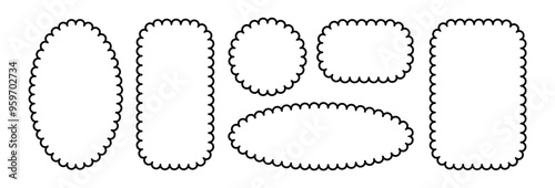 Circle and square scalloped frames. Scalloped edge rectangle and ellipse shapes. Simple label and sticker form. Flower silhouette lace frame. Vector illustration isolated on white background.