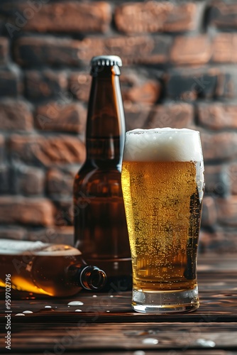 Wallpaper Mural glass of beer with bottle on brick wall background, pub or brewery wallpaper, Oktoberfest banner, international world beer day, drink bar time, copy space Torontodigital.ca