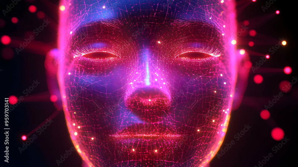 Abstract Digital Face with Glowing Lines and Dots