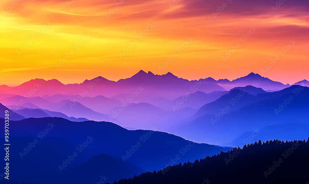 A stunning sunset over a mountain range, with layers of purple, blue, and orange hues. A stunning sunset over a mountain range, with layers of purple, blue, and orange hues.