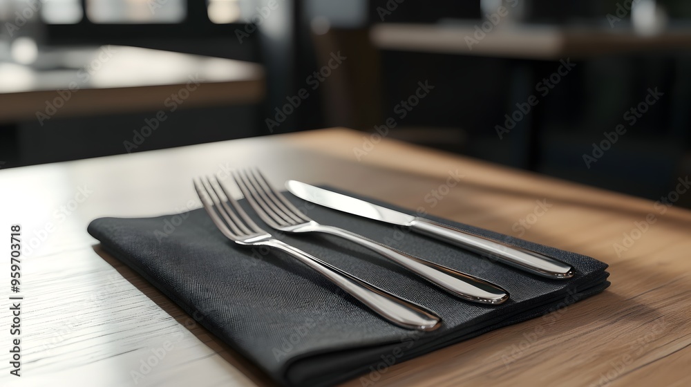 An elegant dining setup featuring a neatly arranged fork and knife on a black napkin atop a wooden table, ready for a meal. An elegant dining setup featuring a neatly arranged fork and knife on a black napkin atop a wooden table, ready for a meal.