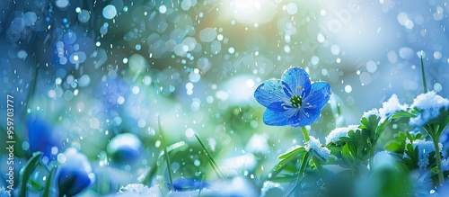 Close up of a Blue Flower of Glory of the Snow set against a softly blurred background of a blooming field Concept Springtime. with copy space image. Place for adding text or design photo