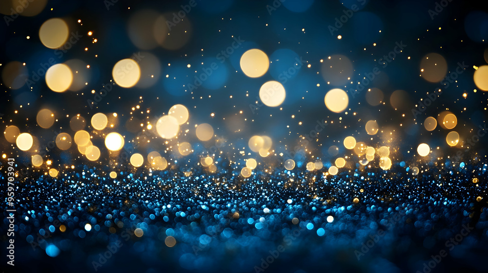 Obraz premium Blue and Gold Glitter Background with Bokeh Lights