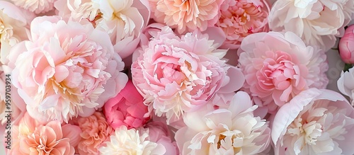 Fototapeta Naklejka Na Ścianę i Meble -  Frame of pink peonies on a white background featuring space for text Top view. with copy space image. Place for adding text or design