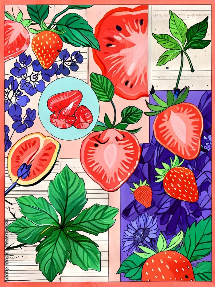 Fototapeta premium Fruit Still Life with a Purple and newspaper Background