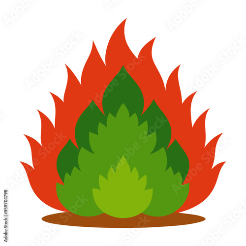 An illustration of wildfire - green bush completely engulfed in raging flames