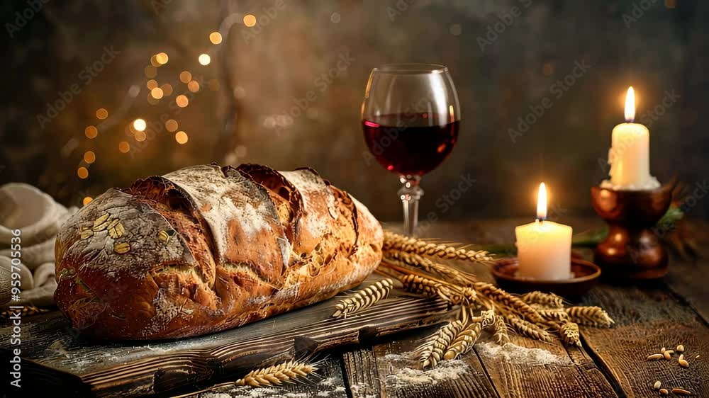 Loaf of bread with glass of red wine and candles on rustic table, festive ambiance. Gourmet dining and cozy concept