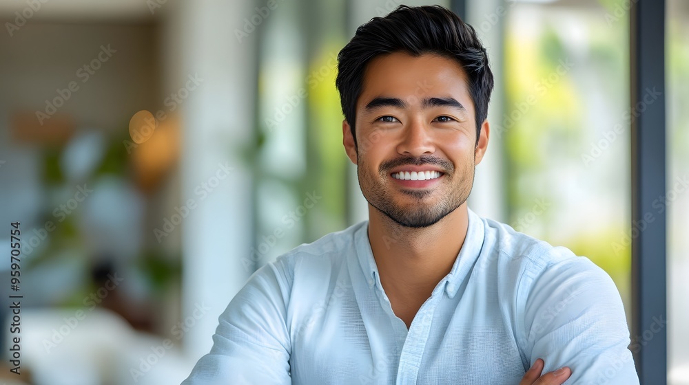 Fototapeta premium A confident young asian man smiles warmly, exuding positivity in a bright and modern interior setting 