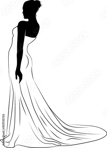 A woman bride in a bridal wedding dress in a silhouette