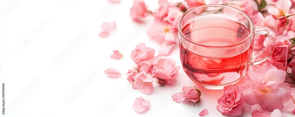 A roseinfused tea, romantic drink, soft pastel illustration, delicate pink hue, isolated on white background A roseinfused tea, romantic drink, soft pastel illustration, delicate pink hue, isolated on white background