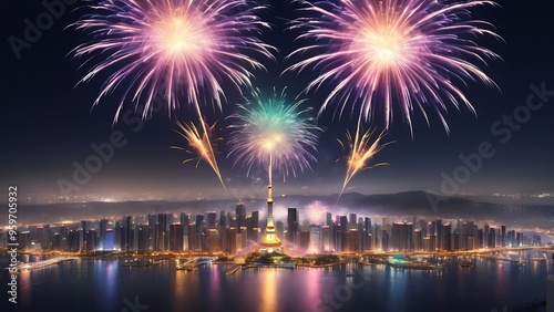 fireworks over the bright city