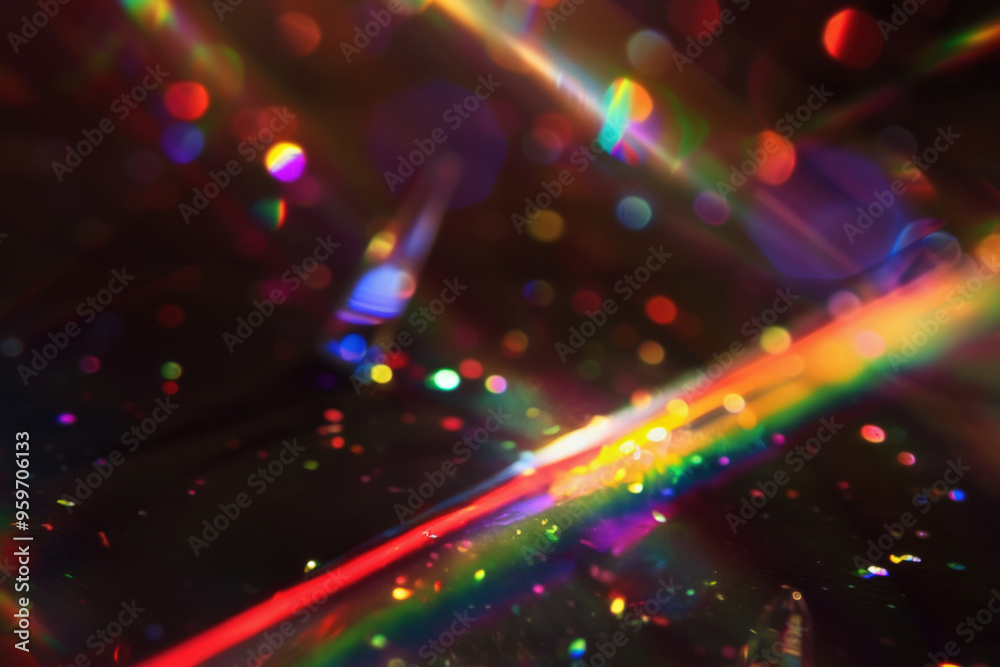 Fototapeta premium Abstract light beams in vibrant colors, bokeh and sparkling particles overlay on dark background. Rays of light, rainbow crystal glass light refraction effect.