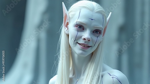 A white-haired, white-skinned elf woman with blue stripes on her face