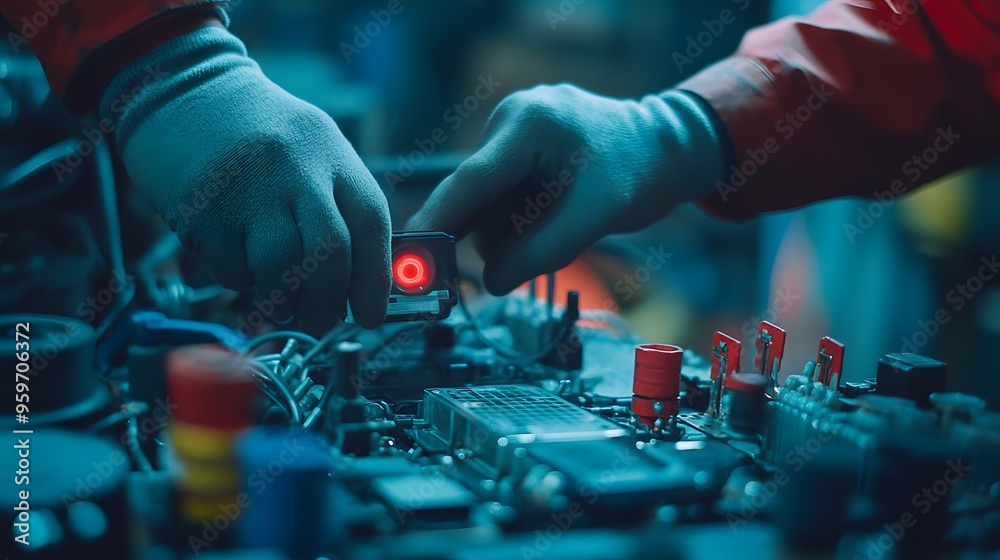 A technician is adjusting a circuit board component in a workshop, showcasing skilled hands at work in a technological environment. A technician is adjusting a circuit board component in a workshop, showcasing skilled hands at work in a technological environment.
