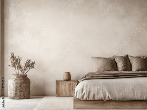 Minimalist Japanese inspired bedroom in beige tone with minimal decor and soft lighting. Contemporary Real Estate interior design composition