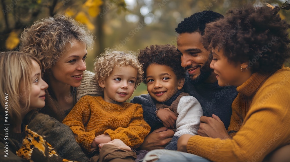 A joyful multigenerational family embraces each other in a serene autumn setting, highlighting connection and love. A joyful multigenerational family embraces each other in a serene autumn setting, highlighting connection and love.