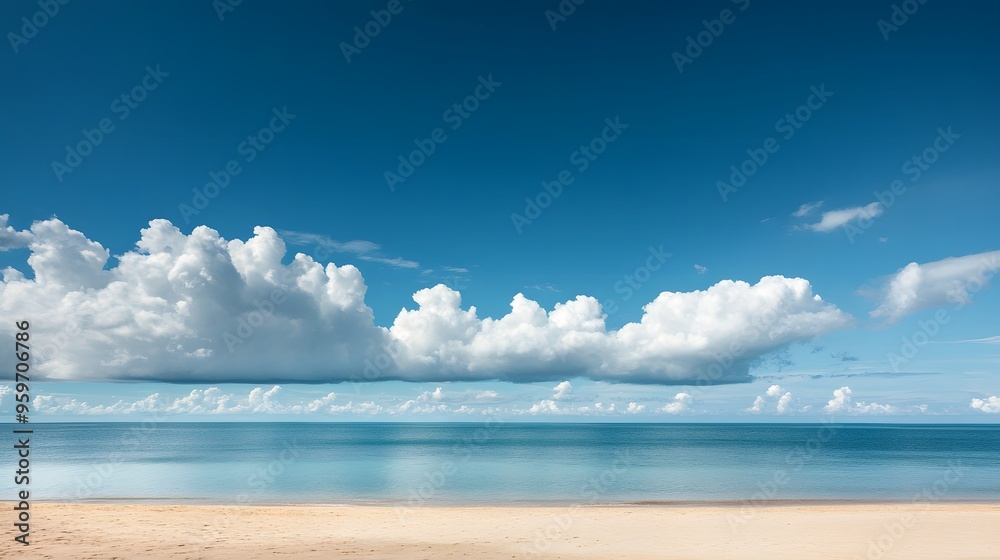 Fototapeta premium A serene beach landscape featuring tranquil waters, soft sand, and a clear blue sky adorned with fluffy white clouds.