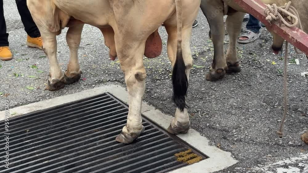 Bull, testicles hanging loose. Point of view shot.