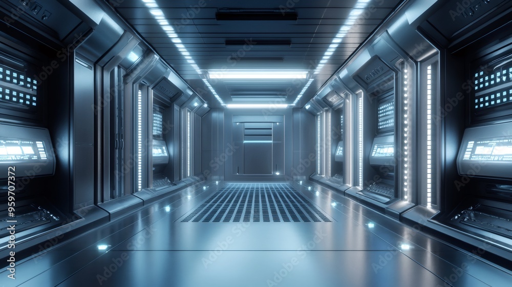 Fototapeta premium Futuristic spaceship corridor with illuminated panels and a glowing floor.