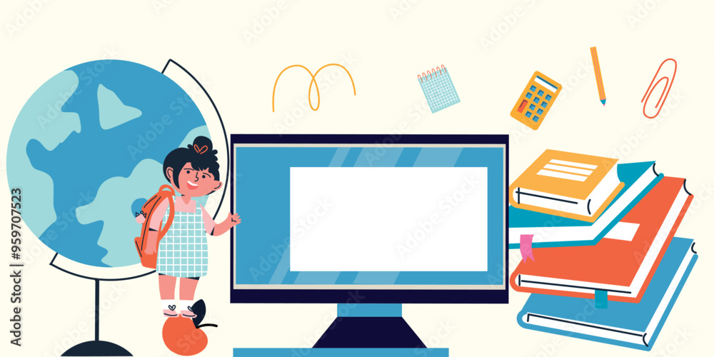 Back to school. Little boys and girls with School supplies. Cartoon flat vector illustration. Funny cartoon kids characters. Happy kids at school banner.
Back to school. Little boys and girls with School supplies. Cartoon flat vector illustration. Funny cartoon kids characters. Happy kids at school banner.