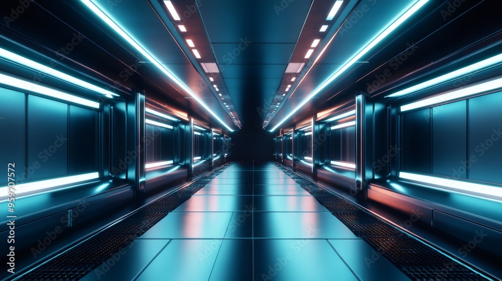 Fototapeta premium Futuristic tunnel with blue and red neon lights.