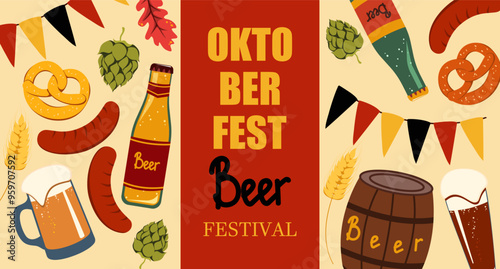 Oktoberfest, beer festival. Background with beer, sausages, pretzels, beer barrel. Vector illustration.