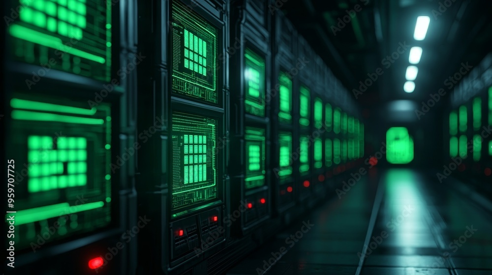 A long hallway lined with rows of server racks with glowing green lights, illuminated by overhead lights A long hallway lined with rows of server racks with glowing green lights, illuminated by overhead lights