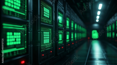 A long hallway lined with rows of server racks with glowing green lights, illuminated by overhead lights