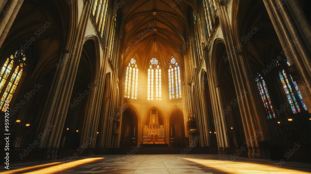 Fototapeta premium Sunbeams stream through stained glass windows, illuminating the interior of a grand cathedral.