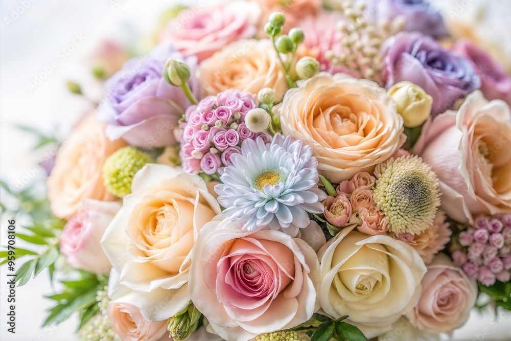 Beautiful bouquet of pastel roses and colorful flowers in soft focus Beautiful bouquet of pastel roses and colorful flowers in soft focus