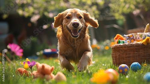 Joyful Dog's Day OutA Playful Pup in a Sunlit Park Surrounded by Colorful Toys and Treats photo