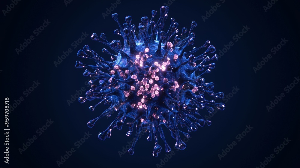 Obraz premium A top-down view of herpes simplex virus, with glowing spherical shapes and intricate protein spikes, floating in a deep blue space