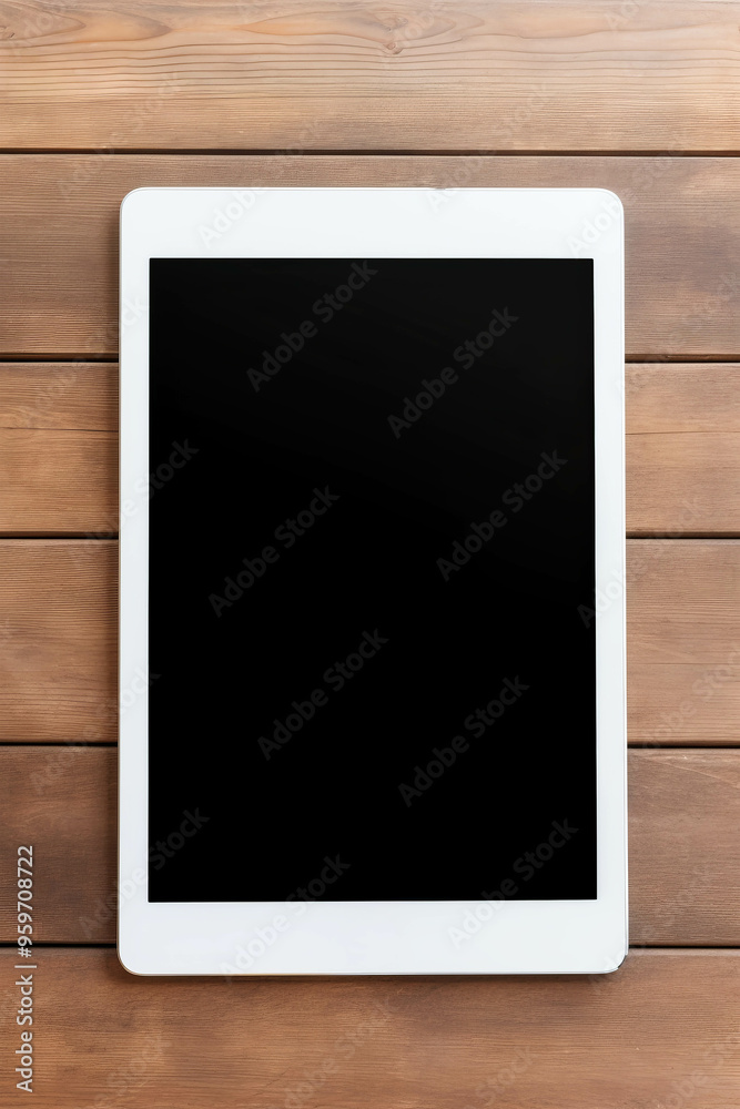White Tablet Mockup on Wooden Background 