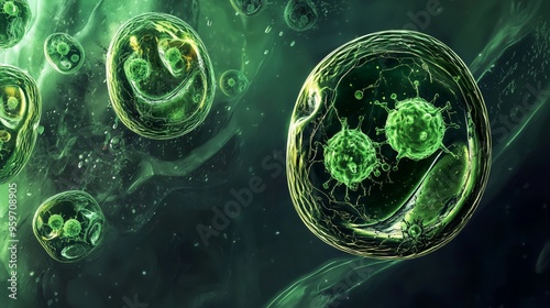 A cluster of green parasitic protozoa cells floating in liquid, with intricate cell membranes and organelles highlighted photo