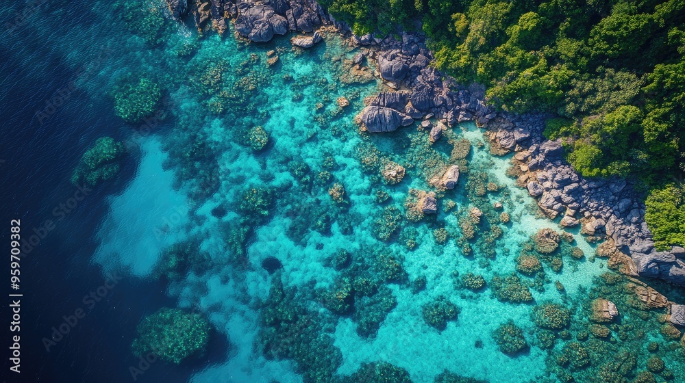 Obraz premium Aerial perspective of the crystal-clear waters and coral reefs around Similan Islands in the Andaman Sea, Thailand.