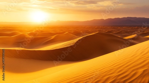 Golden sunset over a vast desert landscape with towering sand dunes and distant mountains.