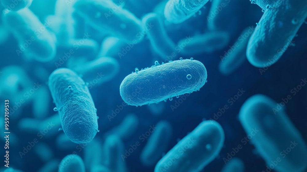 A close-up view of round lactobacillus bacteria in a glowing blue environment, with detailed textures of their smooth surfaces A close-up view of round lactobacillus bacteria in a glowing blue environment, with detailed textures of their smooth surfaces
