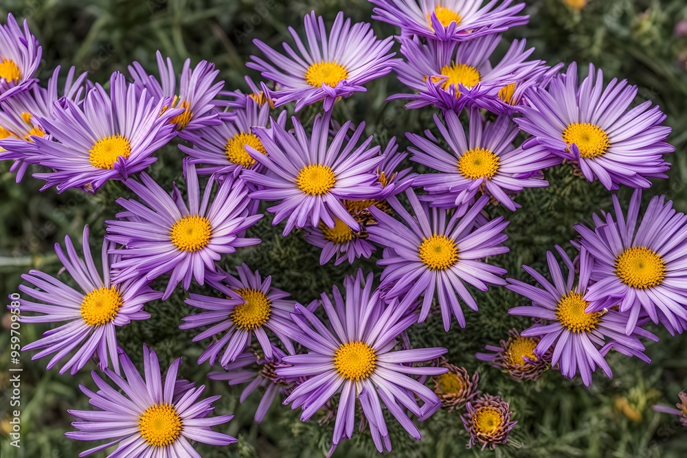 Purple aster blooms with daisy like petals and yellow centers, AI Generated Purple aster blooms with daisy like petals and yellow centers, AI Generated