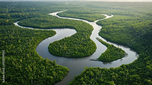 Aerial perspective of the dense mangrove forests and winding rivers of Bako National Park in Sarawak.