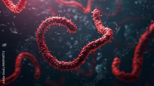 A close-up view of the Ebola virus, with its long, filamentous structure glowing in red against a dark, fluid backdrop