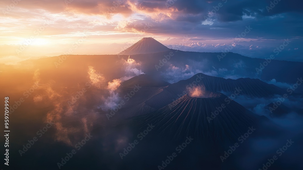 Aerial perspective of the iconic twin volcanoes of Mount Semeru and ...