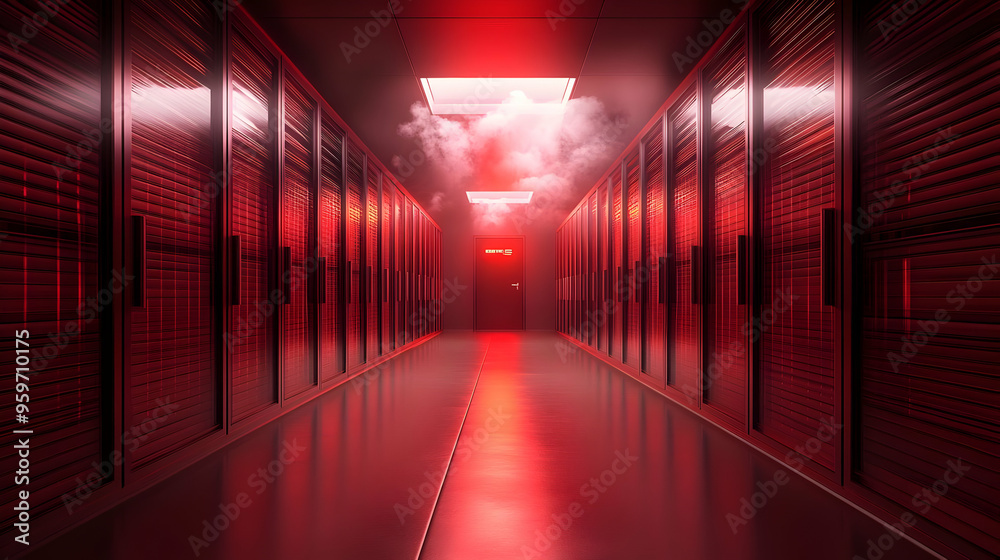 Fototapeta premium Red Server Room with Smoke and Emergency Exit